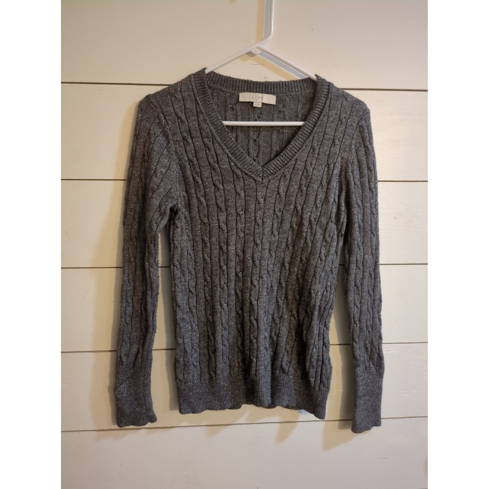 Loft gray sparkle cable knit sweater wool rabbit hair blend medium fall winter - Picture 4 of 7